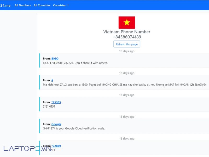 Tạo số điện thoại ảo Việt Nam trên website sms24