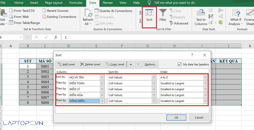 Cách sắp xếp trong Excel theo thứ tự tăng dần, giảm dần