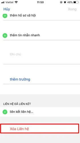 Tại đây, bạn sẽ thấy tùy chọn Xoá Liên Hệ